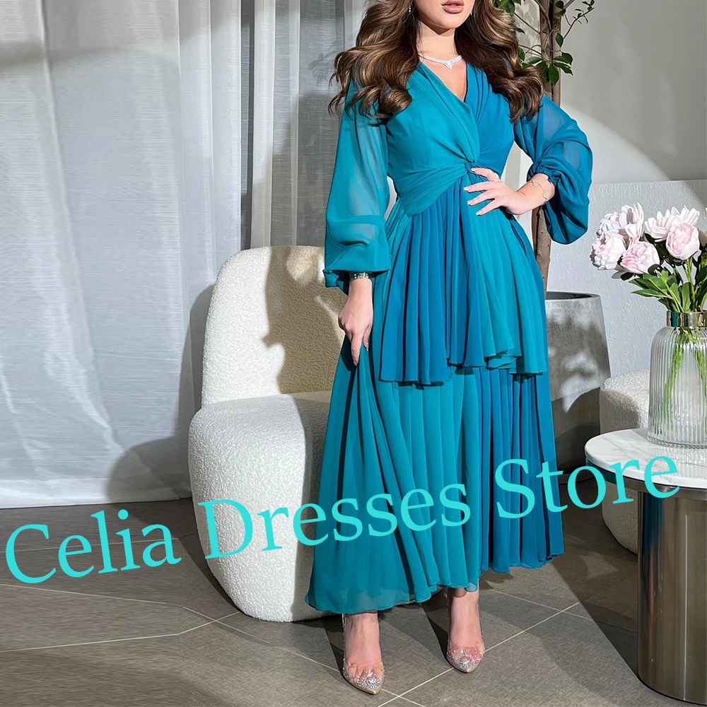 Elegante abito da sera dritto Color foto pieghe lunghezza caviglia V-Ncek Chiffon maniche lunghe Robe de soirée taglia personalizzata per le donne