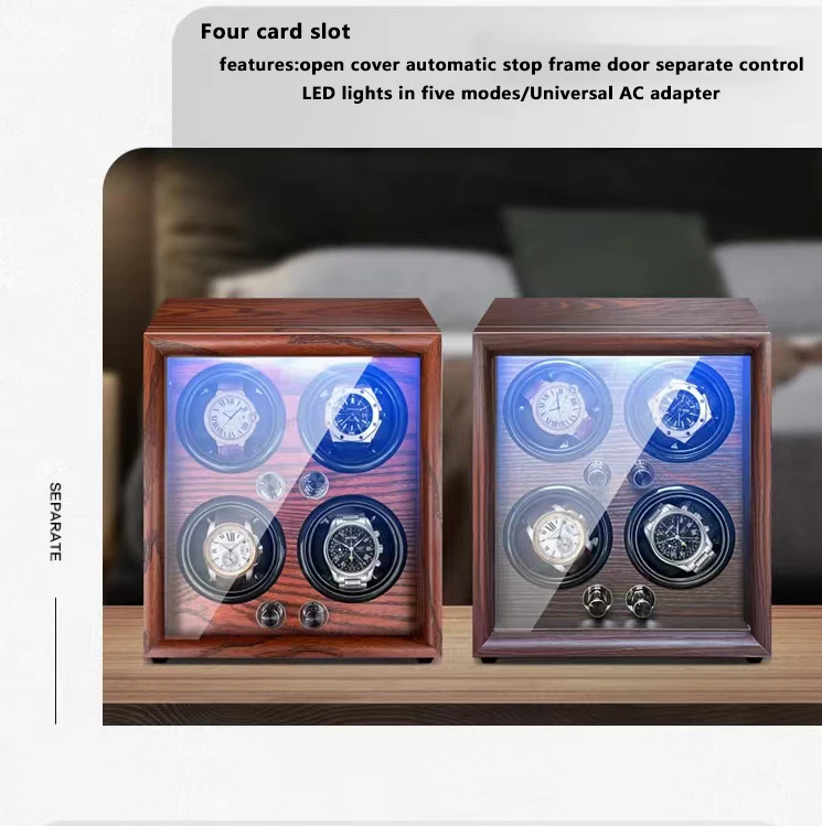 Mechanical Automatic Watch Winder Luxury Wood Watch Box Battery Installable With LED Light And Lid Sensor Watches Storage Box