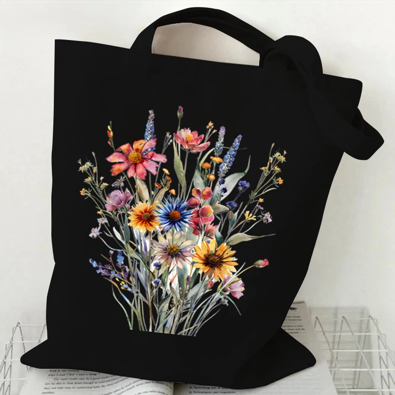 Shoulder Bag for Women Wildflowers Canvas Tote Bag Women Shopping Bag Student Boho Wildflowers Plant Female Reusable Handbags