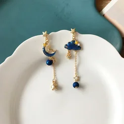Asymmetrical Funny Star-moon Rabbit Cat Dangle Earrings Cute Blue Cloud Long Tassel Drop Earrings for Women Girls Gifts Jewelry