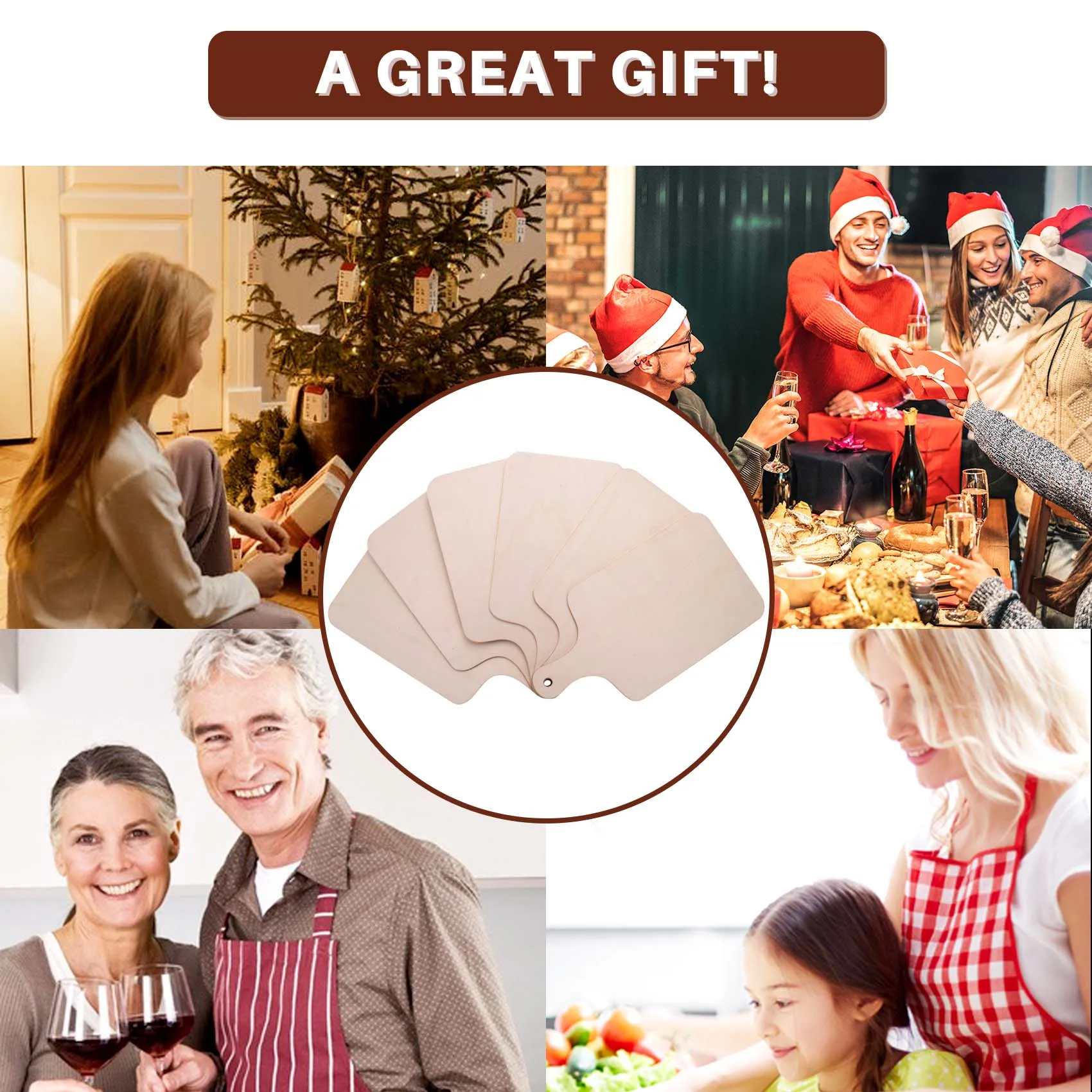 AT19-6 Pieces Christmas Mini Wooden Cutting Board With Handle Unfinished Wood Paddle Rectangle Chopping Board Tray Cutouts