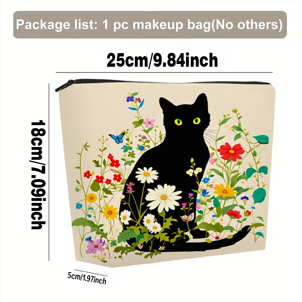 Black Cat Floral Garden Design Makeup Bags for Girls Cosmetic Pouch Toiletry Bag Pencil Case Travel Storage