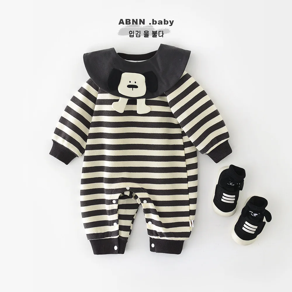 

2025 Ins Autumn Children's Bodysuits Ruffled Collar Long-sleeved Jumpsuits For Infant Baby Boys Stripes Dog Newborn Boys Rompers