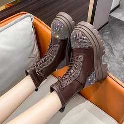 Chunky Thick Soled Ankle Boots Women's Winter Korean Version Diamond Round Toe Mid Length Boots Lace Up Versatile Women's Shoes