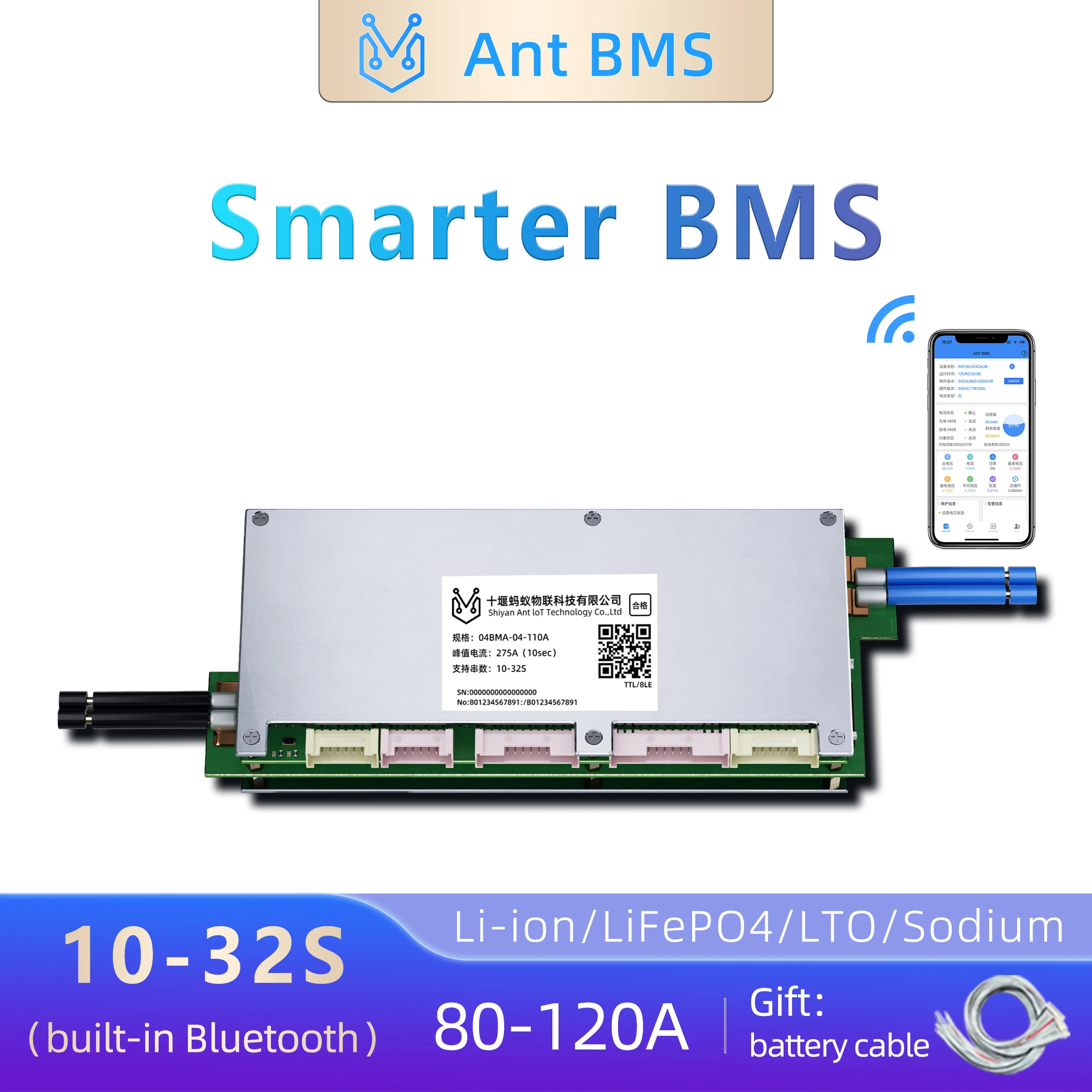 ANT SMART BMS 10S to 32S 80A 120A Li-Ion LiFePo4 LTO Battery Built-in Bluetooth Smart Balance TTL Communication Protocol JK NCM