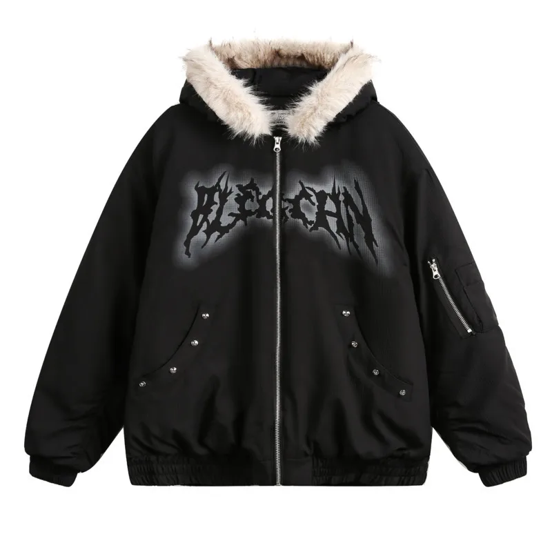 PFNW American High Street Letters Fur Collar Hooded Short Cotton-padded Coat Men\'s Loose Casual Winter Thickened Jacket 12C1585