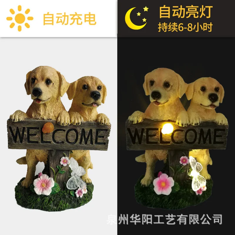 Simulated puppy welcome sign ornament, resin craft, animal outdoor courtyard solar light decoration