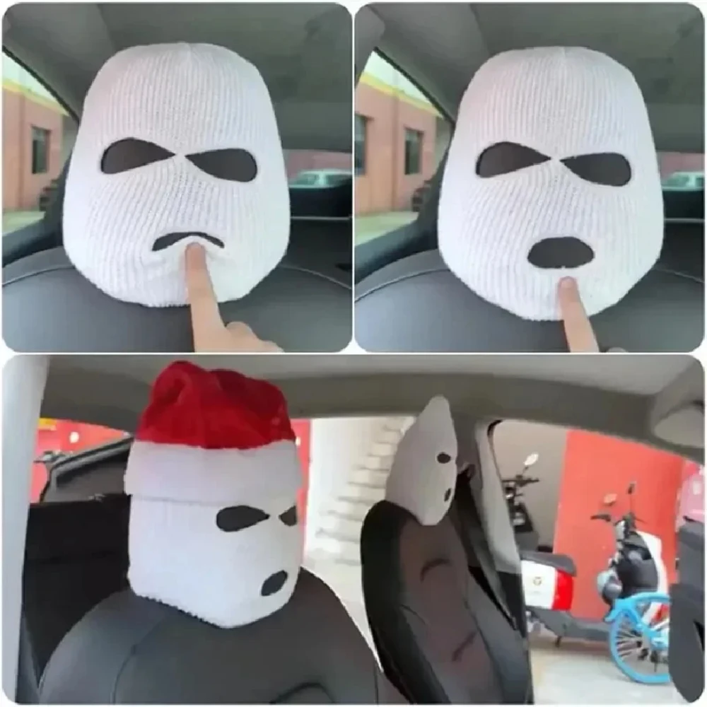 

2pcs Spoof Car Seat Cover Masked Person Knitted Headgear Headrest Cover Decoration Car Anti-theft Warning Universal Decoration