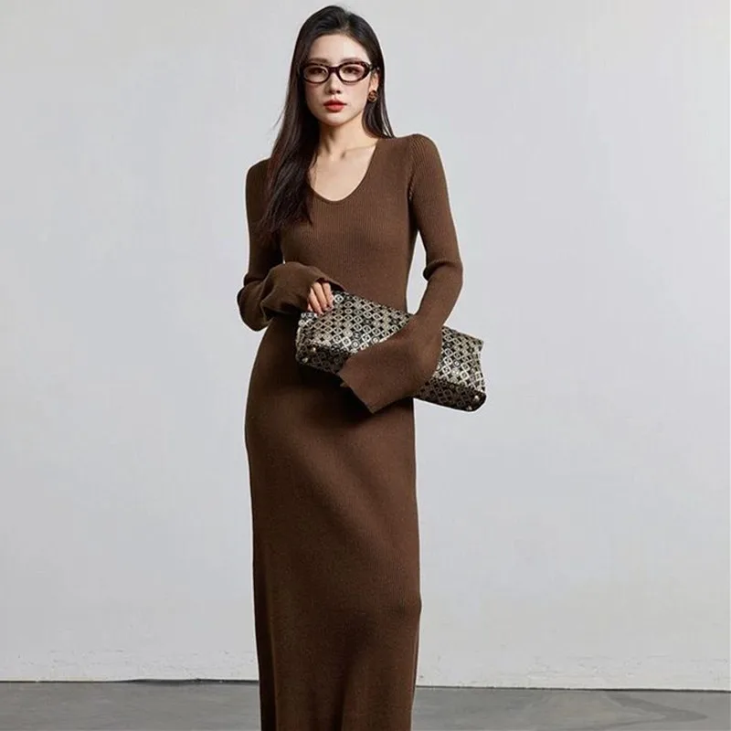 

Fashion Temperament Sweaters & Jumpers Slim Ladies Pullovers Dress V Neck Long Sleeve Knitwear Women Spring Autumn Long Dresses