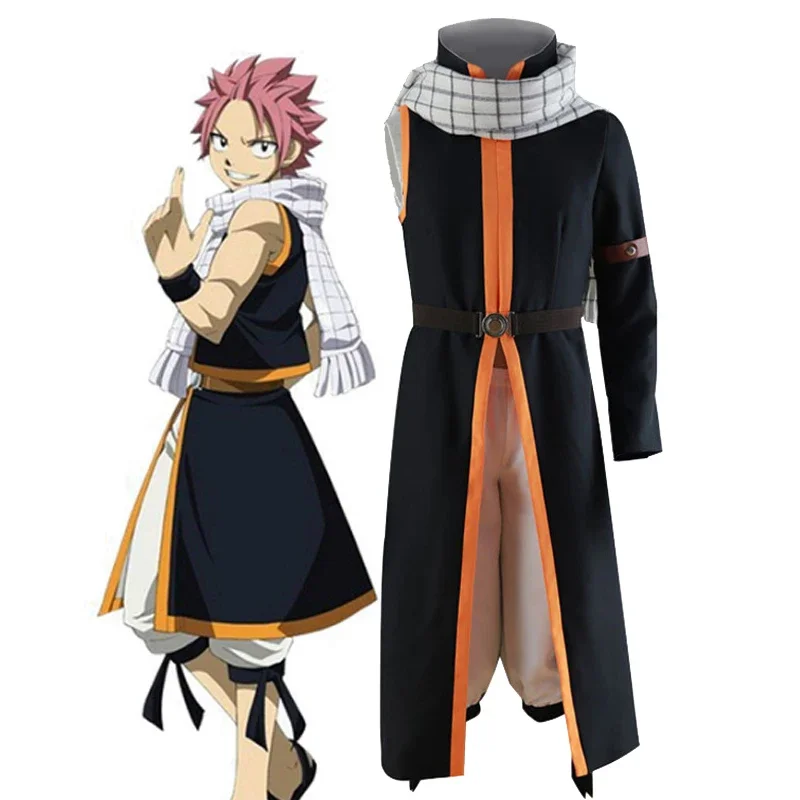 

Anime Fairy Tail Cosplay Etherious Natsu Dragneel Costume Men Black Cloak Pants Outfits Halloween Carnival Party Suit