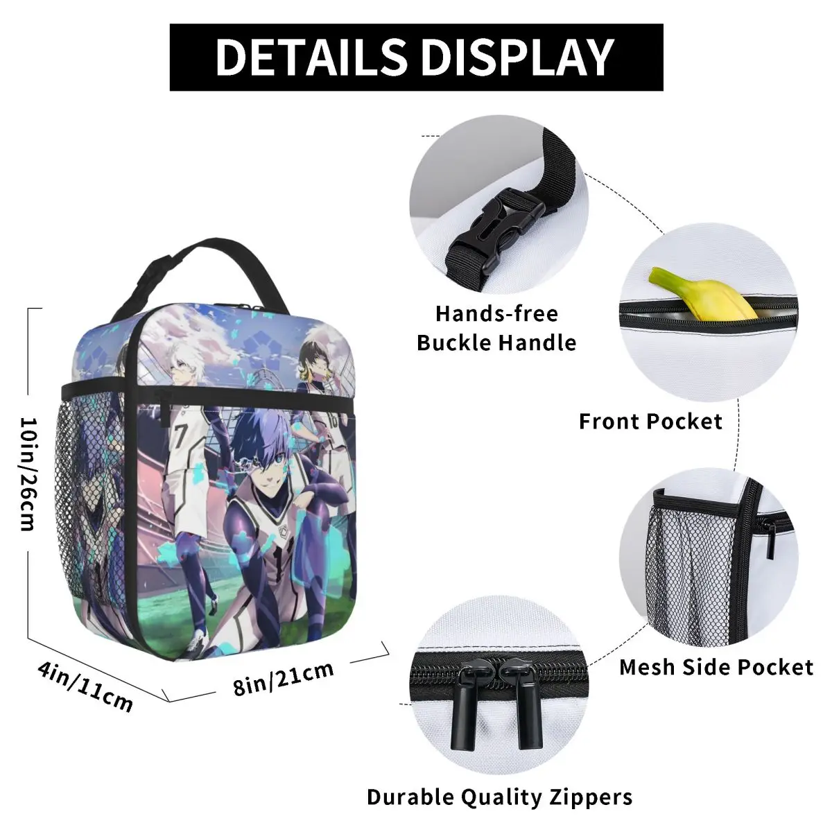 Lunch Bags isolados com bloqueio azul, saco térmico Anime Leakproof Lancheira, Tote Saco De Comida, Recipiente De Almoço, Futebol, Esportes, Escritório, Piquenique