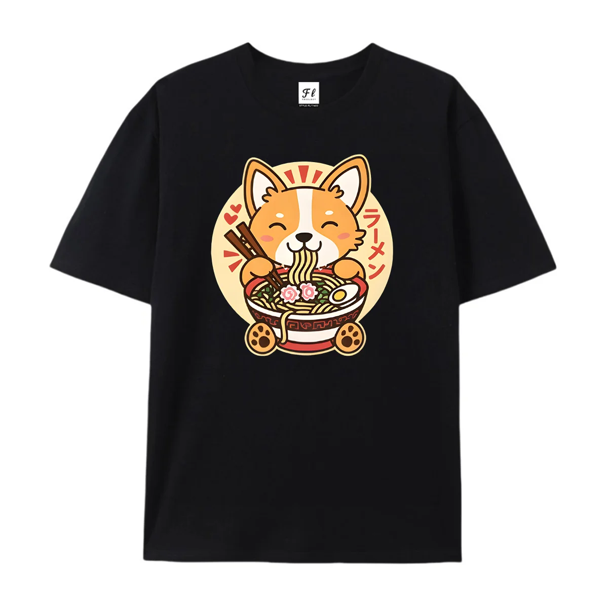 Cute Corgi Dog Eating Ramen Noodle Bowl Graphic T‑Shirt Kawaii Japanese Anime Pet Food Retro Round Sunburst Decor Print Shirts