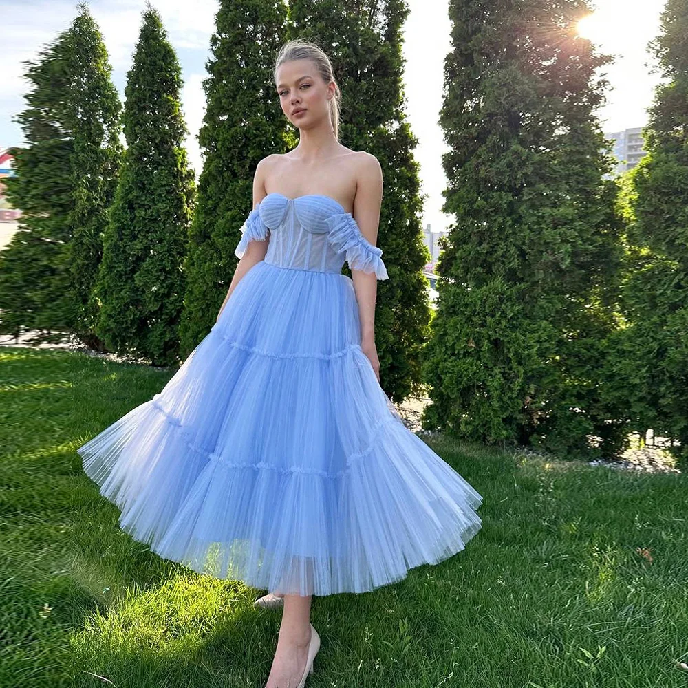 

Modest Off the Shoulder Tulle Puffy Women Prom Party Dress Tea-Length Backless A-line Prom Cocktail Gown vestidos de festa