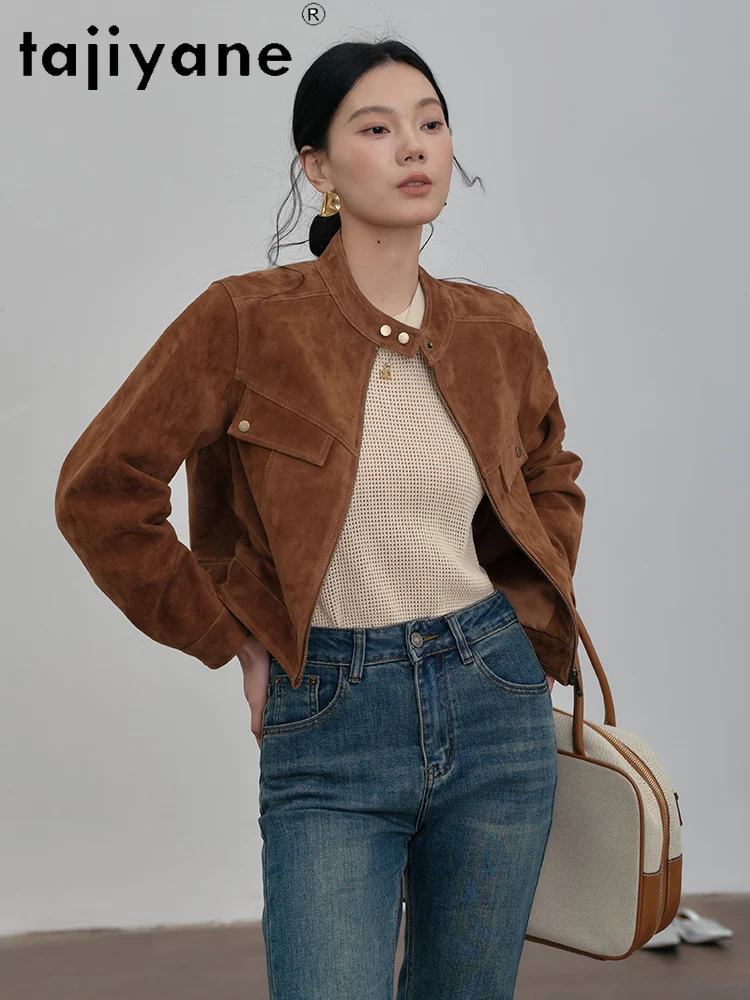 سترة من جلد الغنم الحقيقي من TAJIYANE معاطف نسائية أنيقة قصيرة من الجلد الطبيعي ملابس خارجية مميزة لخريف 2025 ملابس حريمي Frauengadı자켓