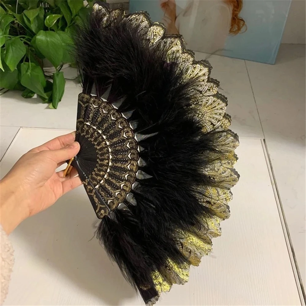 Éventail de plumes de velours chinois, accessoire de performance de danse, plumes de gérpâte, ornements de collocation Cheongsam, pliable à la main,