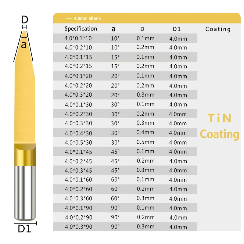 PCB Milling Cutter 10-90° V Shape Engraving Bit ，4mm/6mm Shank CNC Router Bit TiN Coated Wood Cutter Carbide End Mill
