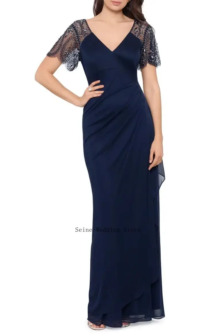 Customized Chiffon Mother of The Bride Dress with Beaded Lace Applique V Neck Short Flutter Sleeve Draped Wedding Party Dresses