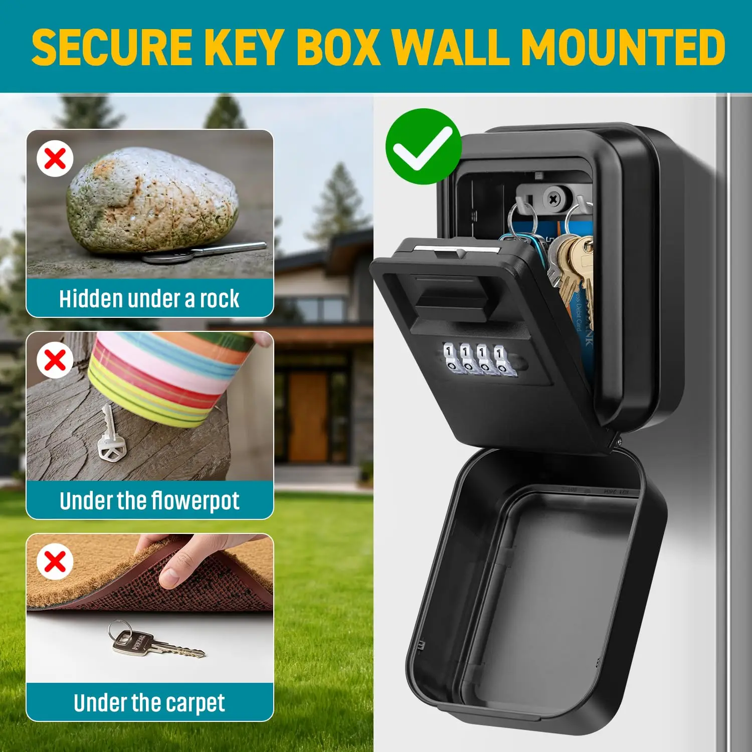Key Lock Box Waterproof Wall Mount Lock Box for Keys with Code 4 Digit Combination Lockbox Resettable Code Security Key Storage