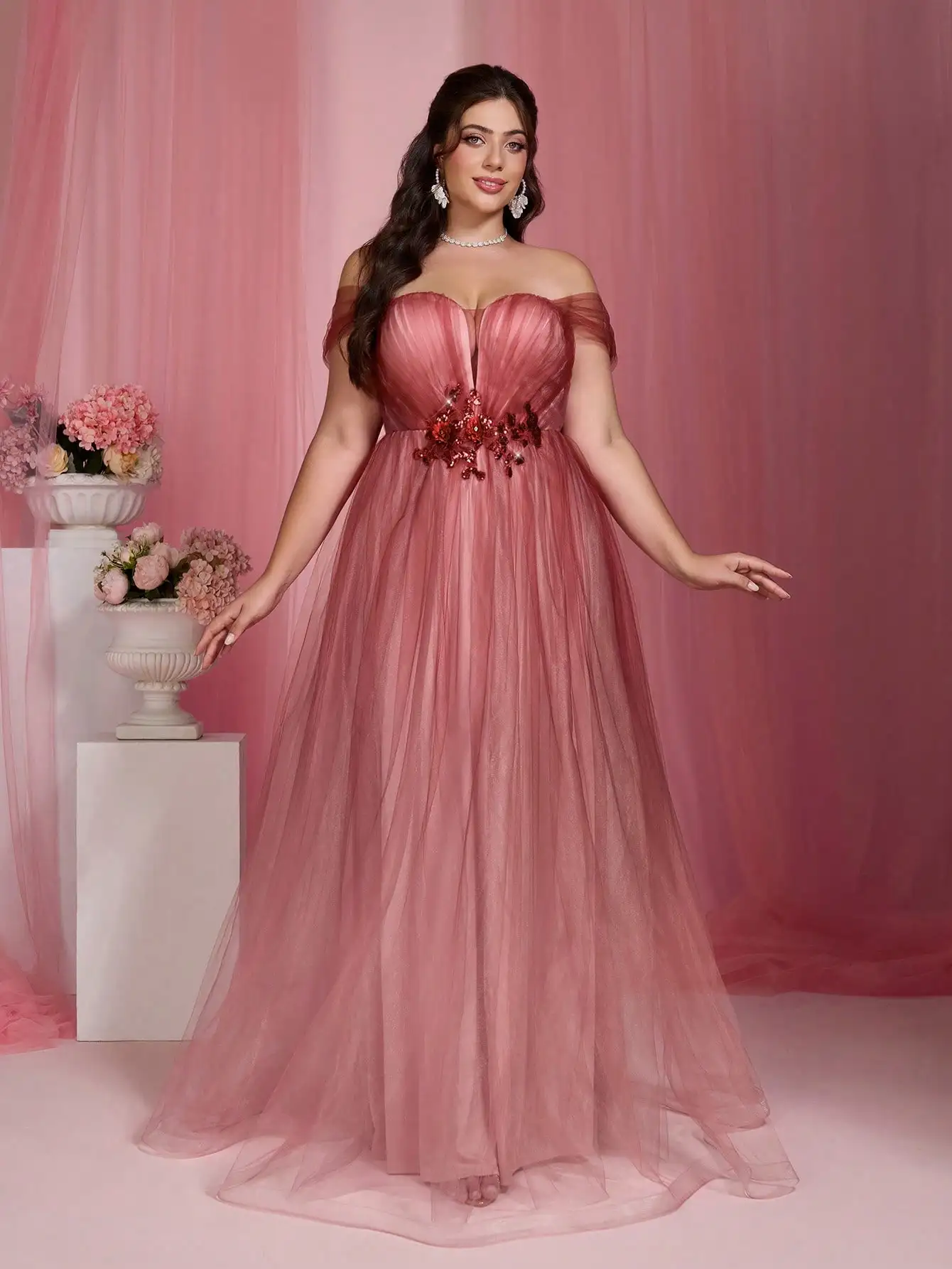 Mgiacyv-neck one-shoulder mid-waist floral tapered gradient mesh long skirt