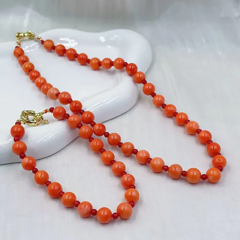8mm 4mm Natural Bamboo Red Orange Round Coral Beads Necklace Bracelet Wedding Jewelry Set 45cm 18cm