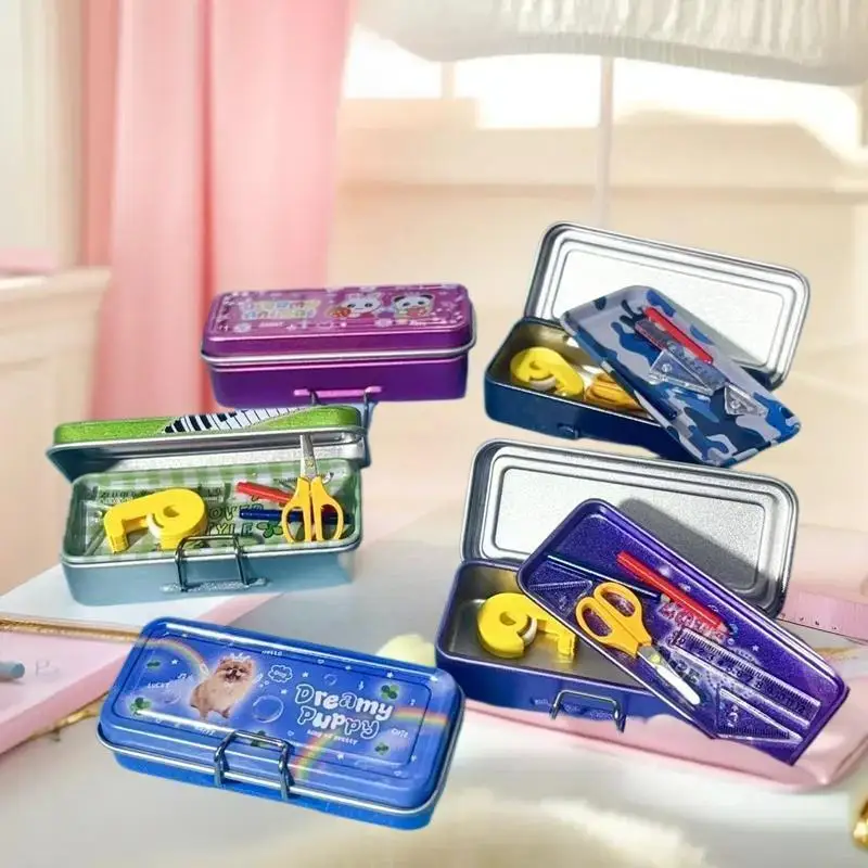 Dollhouse Miniature Double Layer Iron Pencil Box Pen Ruler Measuring Tape Scissors Model Micro Landscape Decor Pretend Play Toy