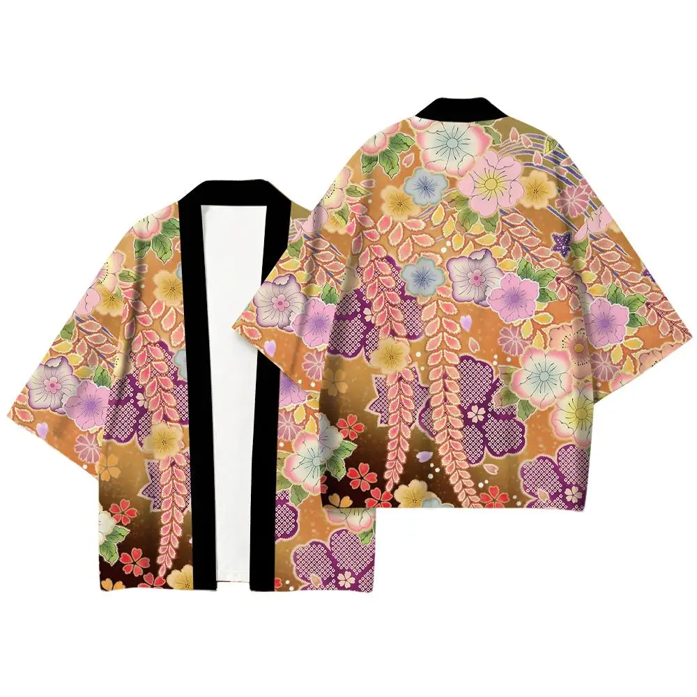Japanese Style Kimono Cardigan Floral Geometric Print Unisex Summer Casual Beach Yukata Vintage Harajuku Traditional Haori Tops