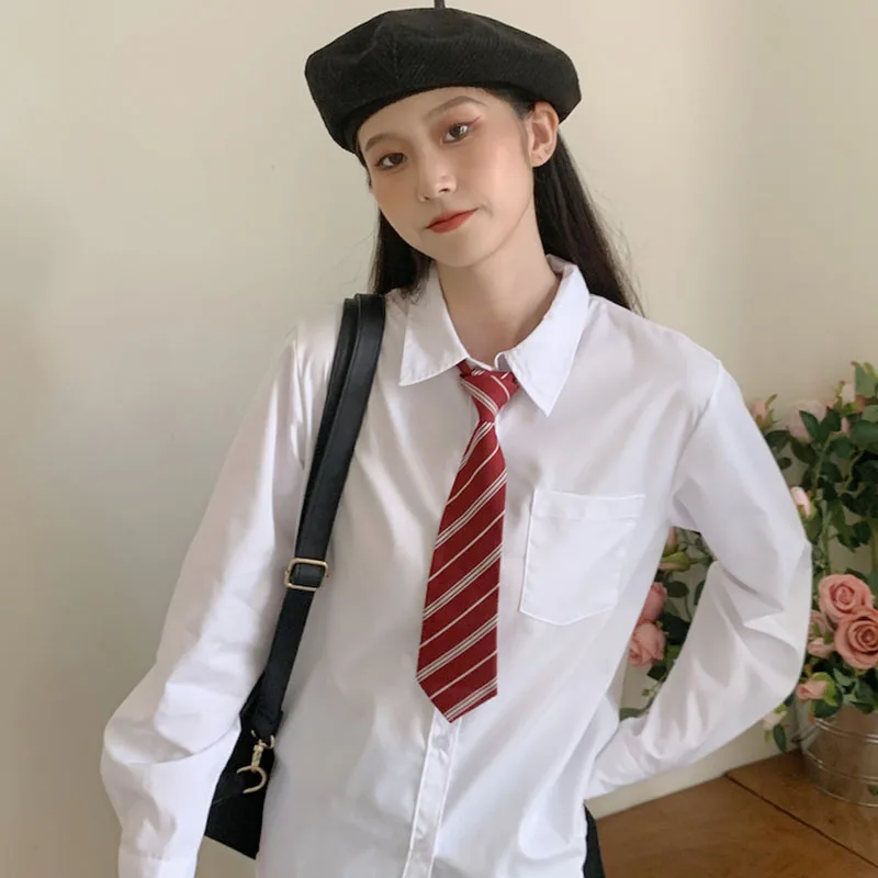 MEXZT Japanese Women Solid White Shirts Spring Jk Preppy Style Long Sleeve Student Blouse Fashion Button Female Pocket Tops New