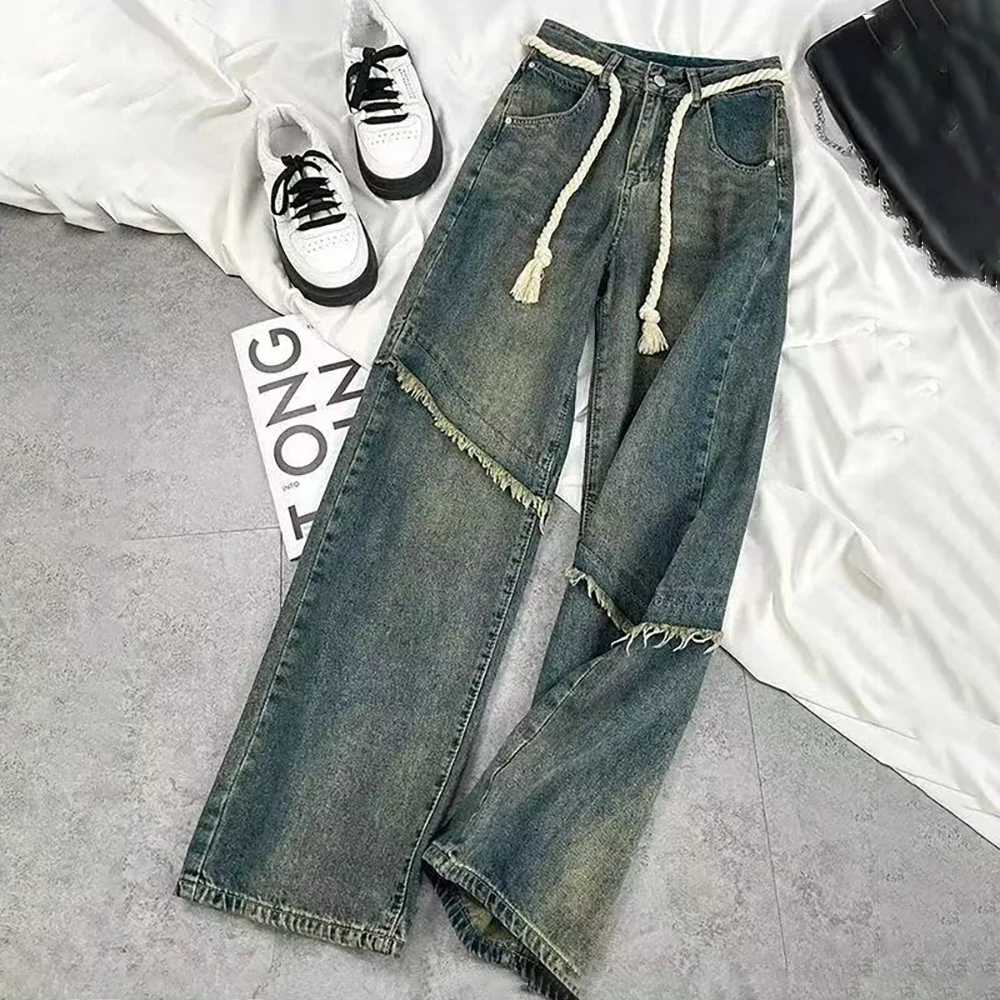 

Retro Tassels High Waist Women Jenas Spring Autumn Fashion Straight-Leg Floor Pants 2025 New Casual Loose Wide Leg Denim Pants