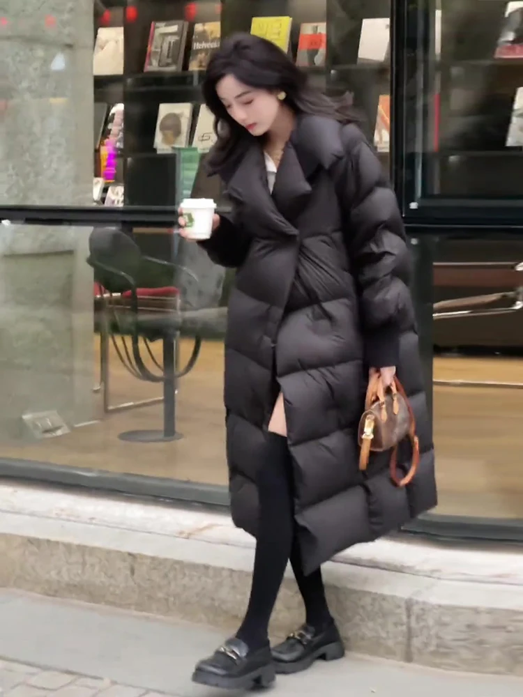 트렌디 롱 블라 듀 다운 패딩 재킷 여성 캐주얼 슬림 롱 스탠드 칼라 브레드 디자인 겨울 코트