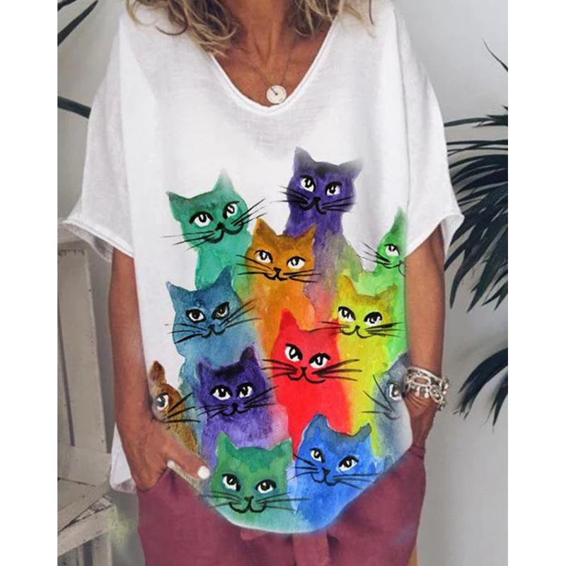 Harajuku T-shirt Chic Female Tops 2021 V-Neck Cat Print Short Sleeve Tee Graphic Summer T Shirts For Women Mujer Casual Clothing