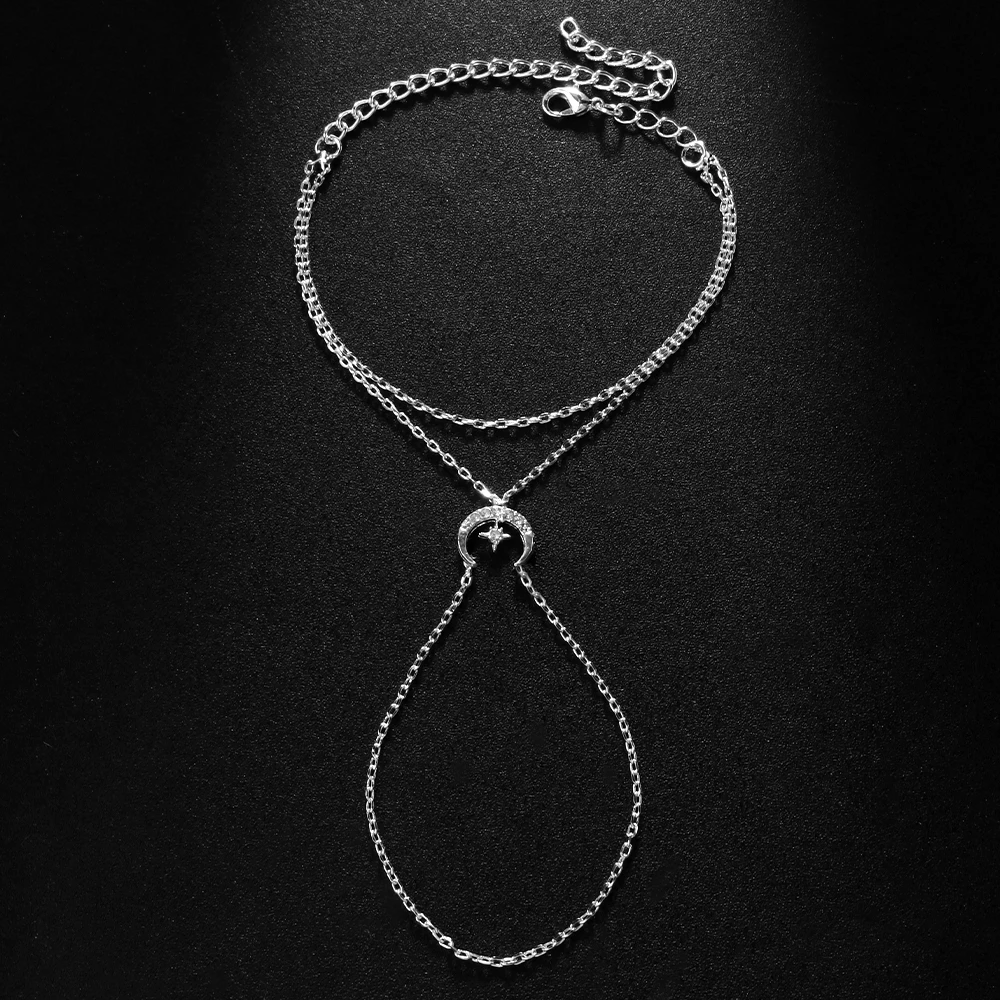 XSBODY Fashion Moon Hand Chain Bracelet Y2k Design Girl Finger Decoration Charm Star Rhinestone Bangle Chain Harness Party Gift