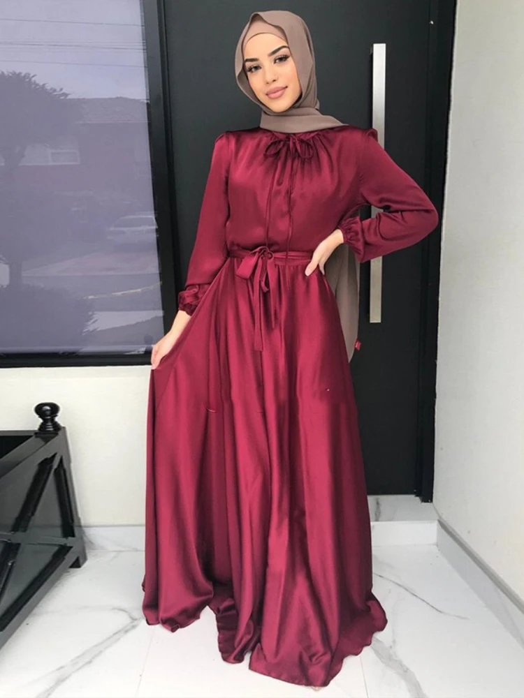 Imagem -06 - Moda Muçulmana Hijab Vestido de Cetim Ramadan Abaya Dubai Elegante Turquia Noite Africano Vestidos Islâmicos para Mulheres Árabe Kaftan Robe