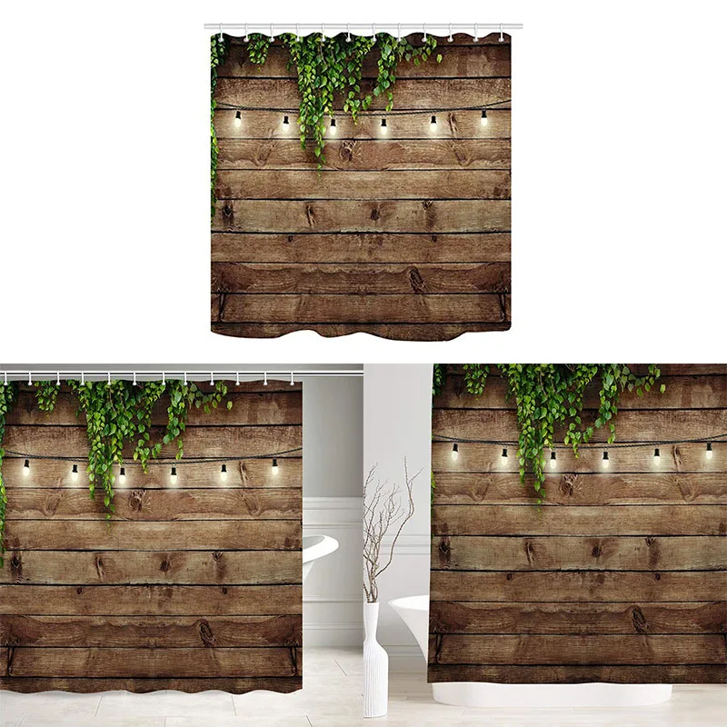 Vintage Rustic Wooden Board Door Shower Curtain, Green Leaves On Farmhouse Country Wood Plank, Waterproof Polyester Fabric