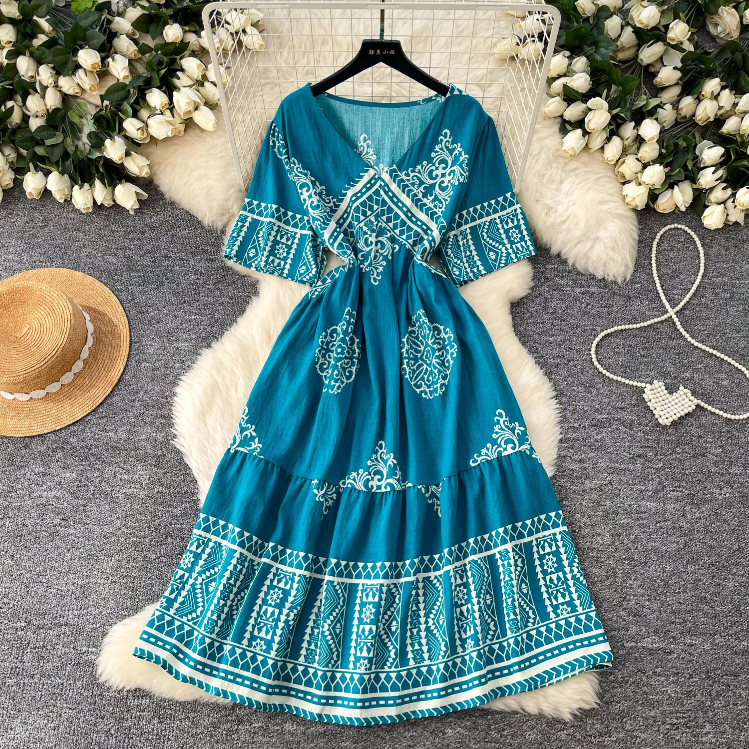 

Women Dress Long Dresses A Line Vestidos High Waist Y2k Streetwear V Neck Short Sleeve Print Elegant Party Night Work Slim Fit