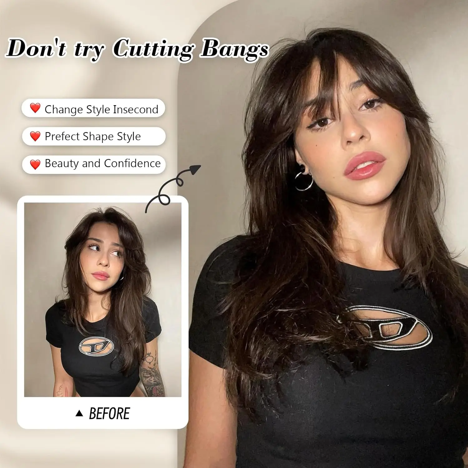 Brown Natural Human Hair Topper 2 Clips in Hair Extension with Air Bangs 100% Real Human Hair for Women Daily with Loss Hair Use