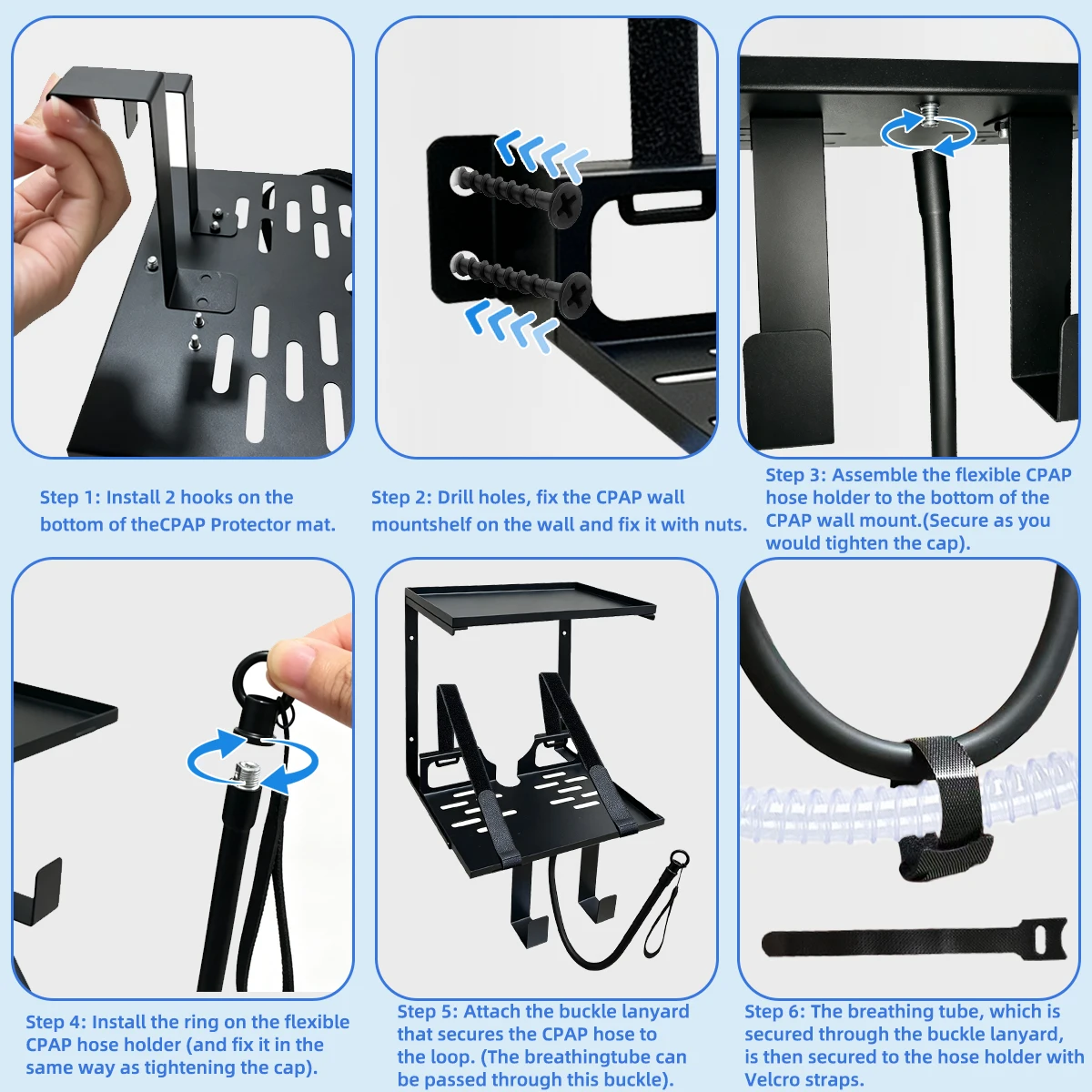 CPAP Wall Mount Shelf with Storage for AirSense 10/11, 2-Tier CPAP Stand with Adjustable Hose Hanger & Mask Hook