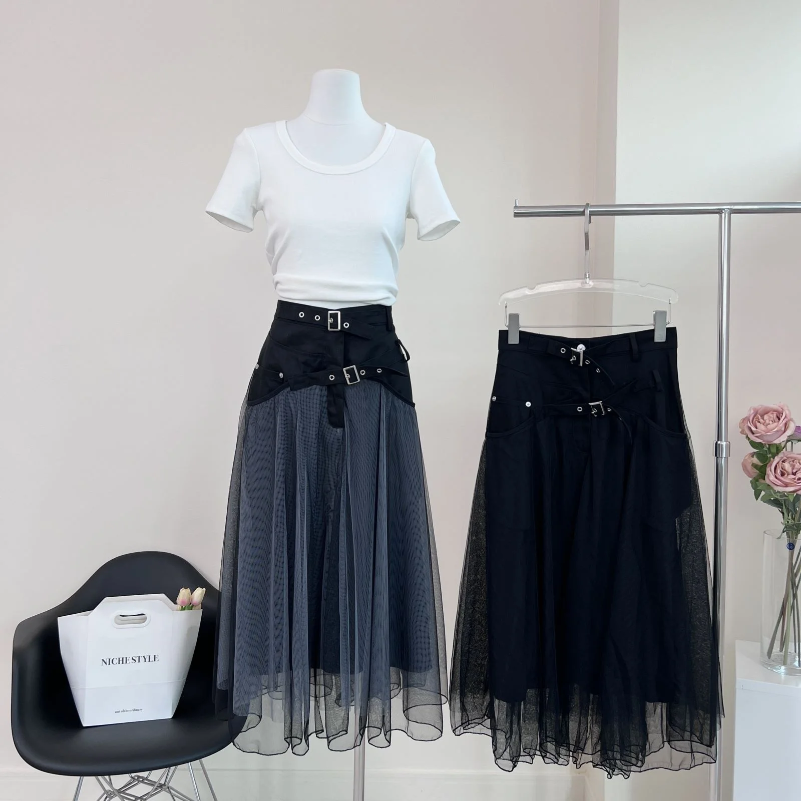 High Waist A-Line Midi Skirt Dark Style Mixed Denim And Lace Unique Design Sensation Half-length Skirts for Women Sweet Style