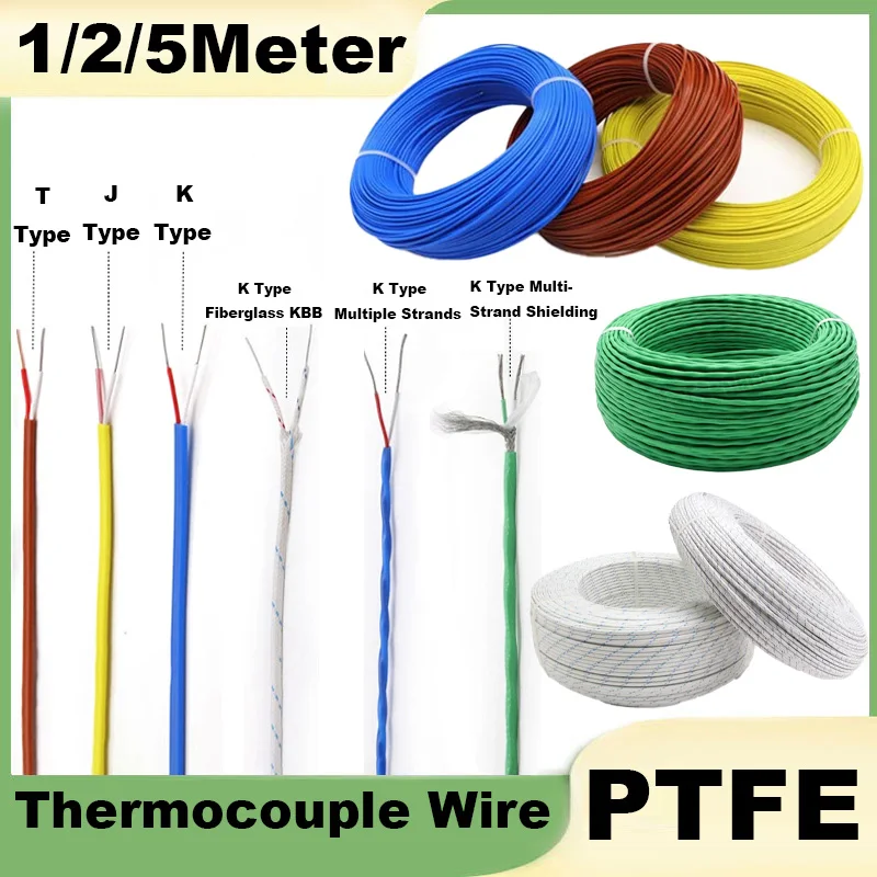 1/2/5Meter K J T Type Thermocouple Wire 2 Cores PTFE Insulator Shielded Line High Temperature Measuring Compensation Cable