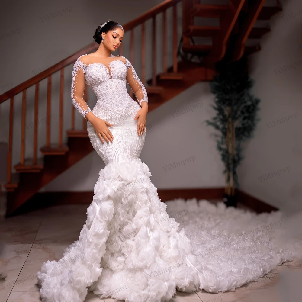 

Customized African Beaded Flowers Wedding Dresses Bridal Illusion Full Sleeve O-Neck Crystals Mermaid Ruffles Train Bridal