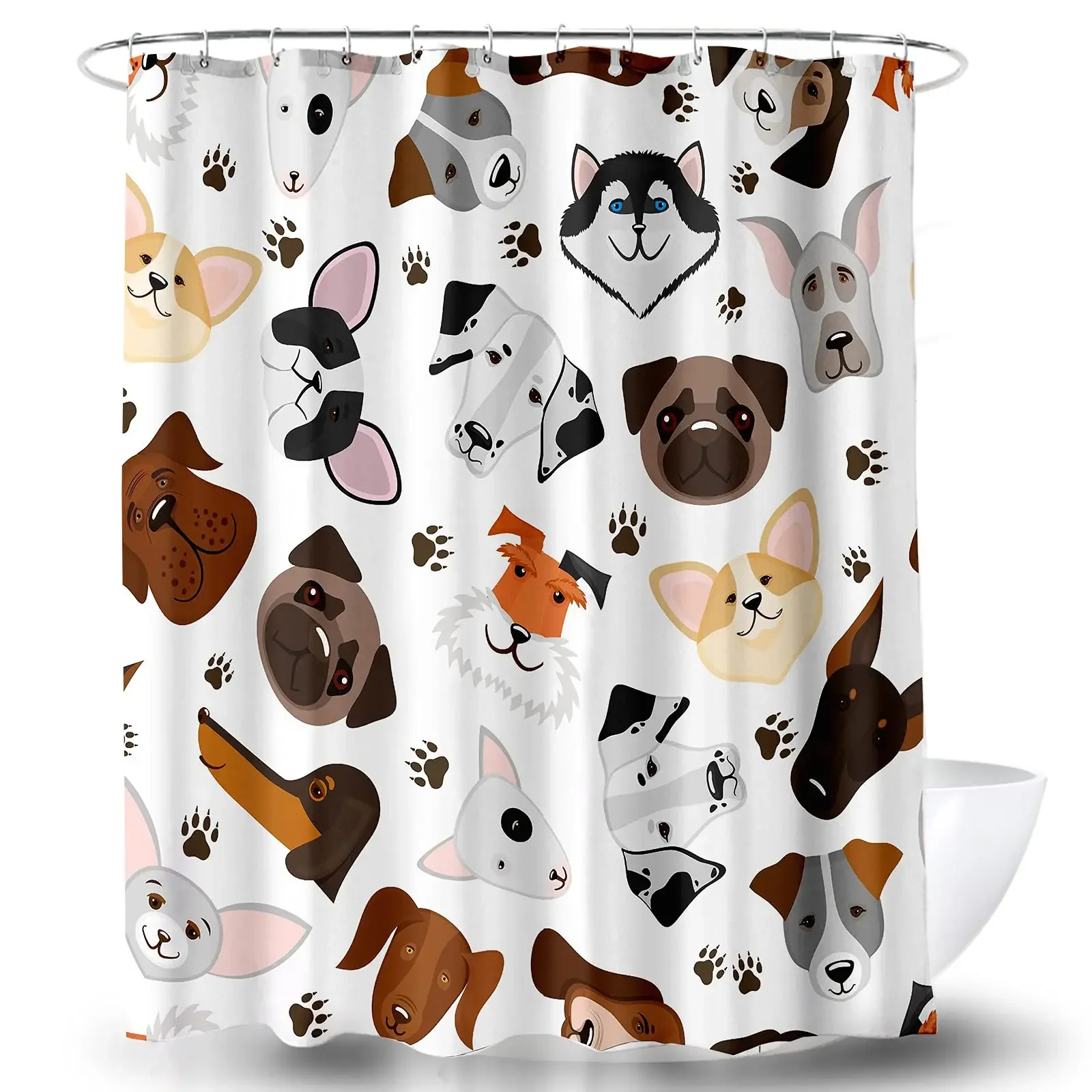 Dog Shower Curtain,Dog Breeds Profiles Pets Shepherd Terrier Labrador Cartoon Animals Illustration,Cloth Fabric Bathroom Curtain