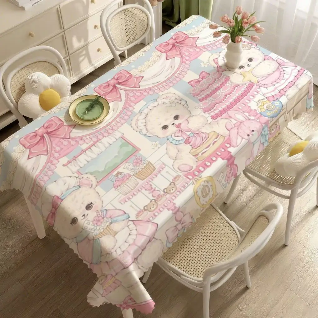 Sweet Pink Bear Tablecloth, Cute Dessert Teddy Table Cover, Waterproof Oilproof Table Cloth, Aesthetic Dining Room Decor, Kawaii