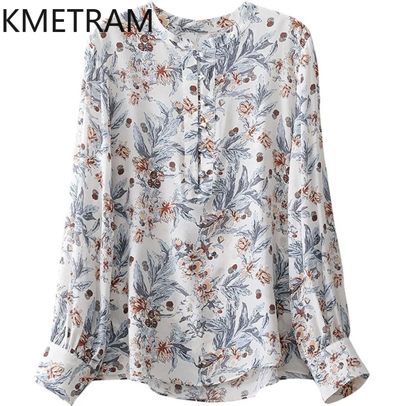 Kmetram Mulberry Silk Shirt Elegant Floral Print Shirts Women High Quality Long Sleeve Blouse 2024 Blusas Elegante Feminina