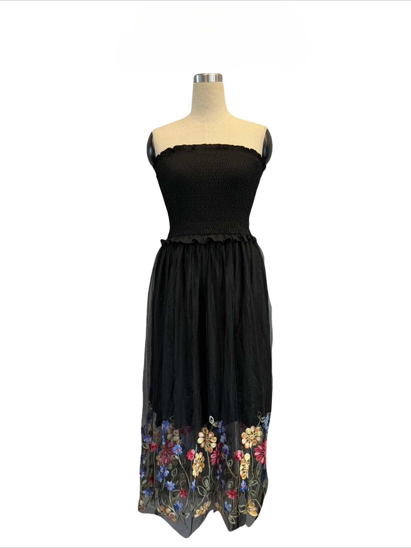 

Sexy Strapless Sleeveless Flowers Embroidery High Low Long Dress Black