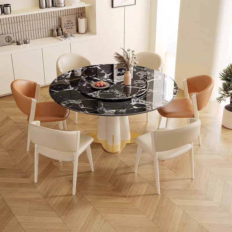 Cream wind pure white rock slab round French dining table light luxury small apartment eating table