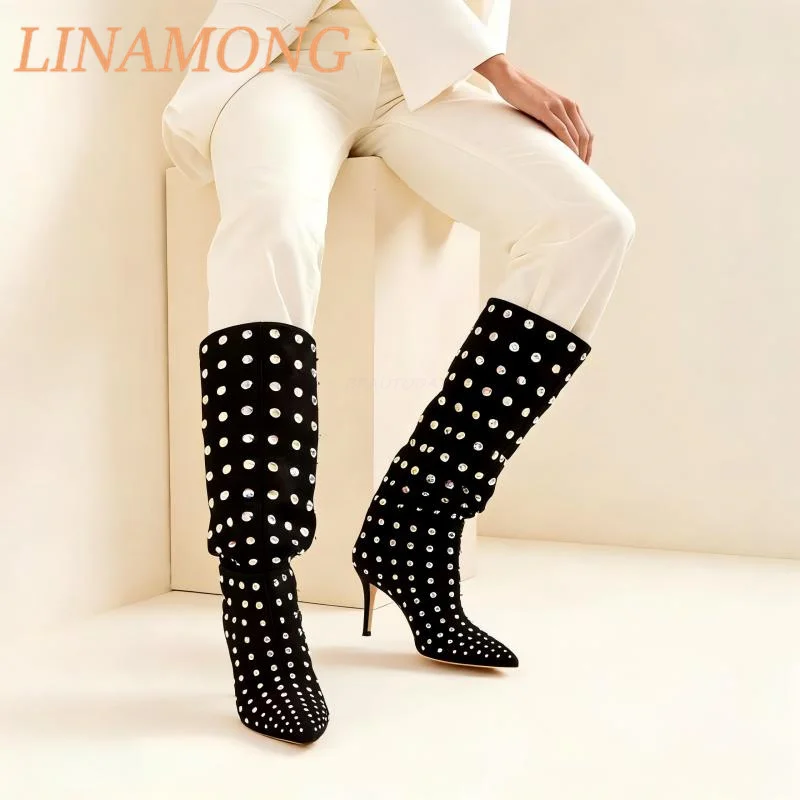 

Rhinestone Embellished Knee-High Boots Pointed Toe Stiletto High Heel Boots Black Suede Slouchy Knee High Temperament Boots