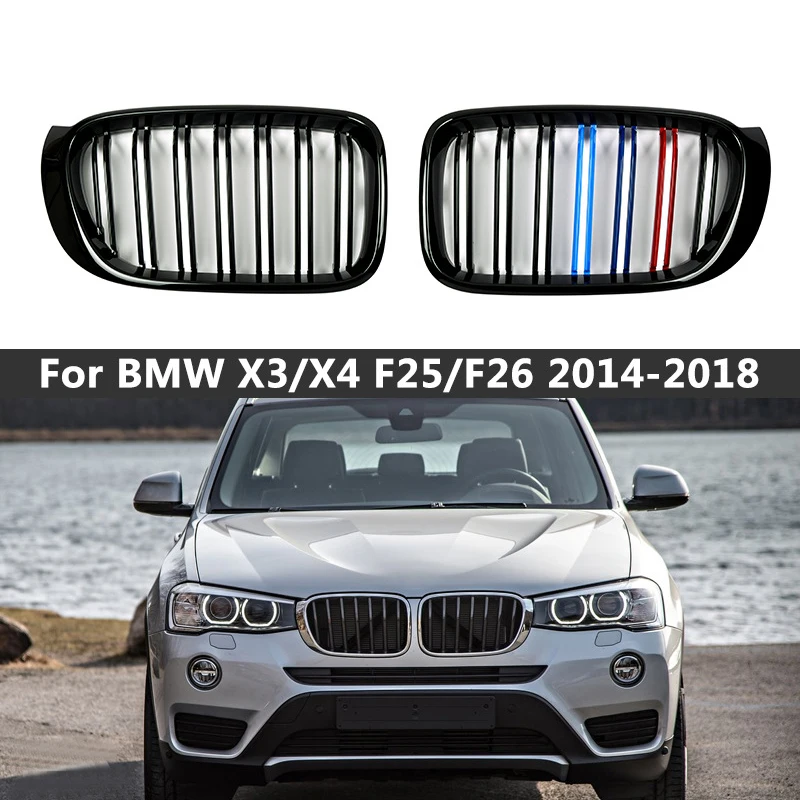 A Pair Gloss Matt Black M Color Double Slat Kidney Grill Grille Front Bumper Grill For BMW F25 F26 X3 X4 2014-2018 Racing Grill