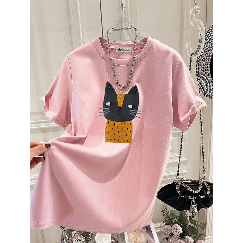 Summer New Chic Hand-Painted Cat Printing T-shirt Women Fashion Pure Cotton Short Sleeve Basic Tees Casual Loose Tops 45-105Kg