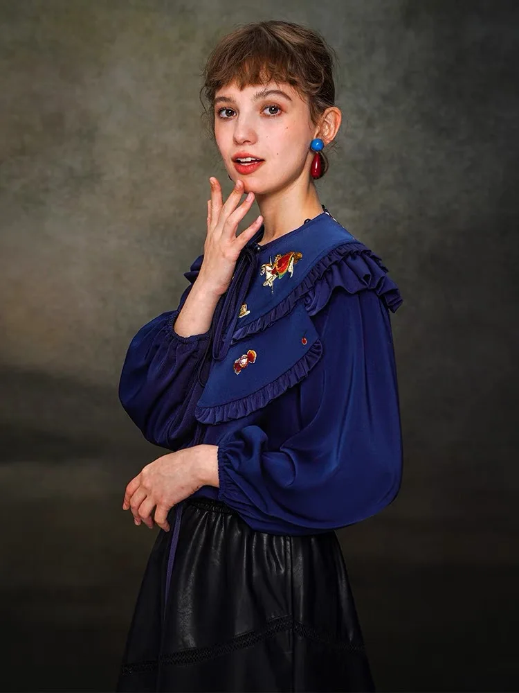 Spring Autumn Original Design Women The Merry-go-round Embroidered Vintage Style Detachable Collar Loose Navy Blue Shirts/Blouse