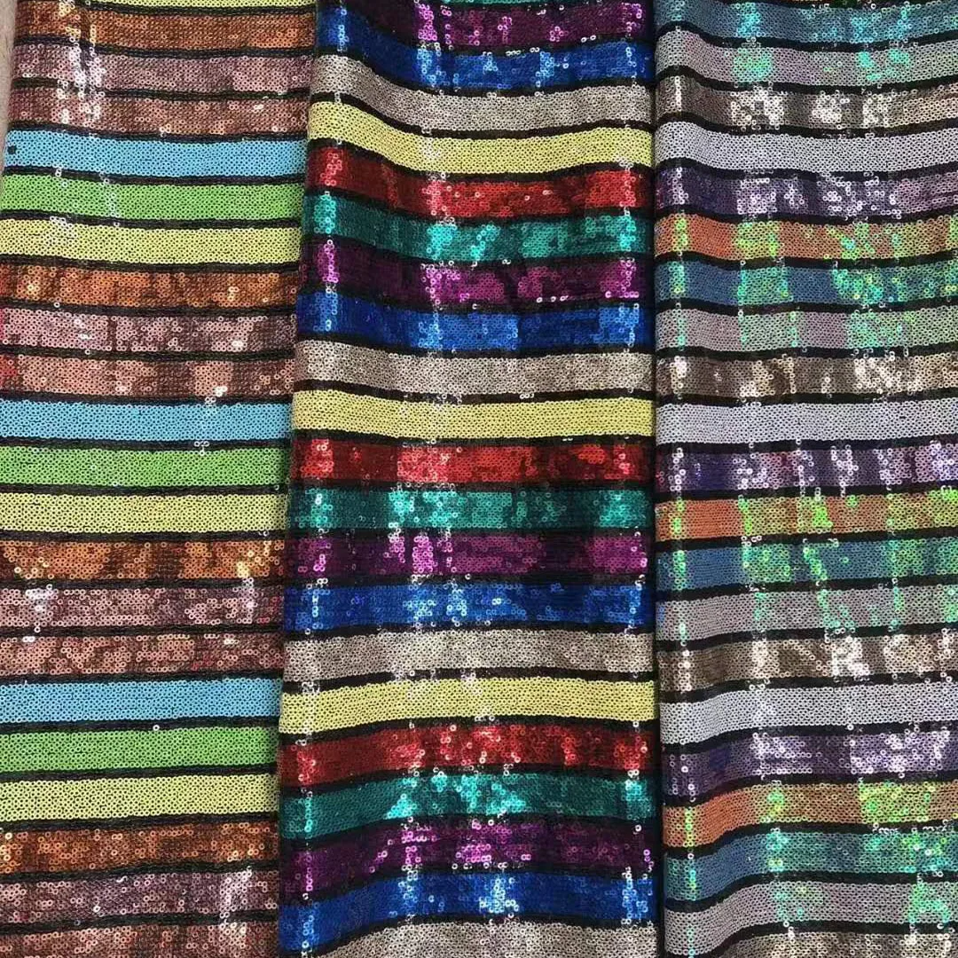 

Rainbow Color Striped Pattern Sequin Fabric Mesh Base Cloth Decoration By Different Colors Of Glitters For Sewing 07S12