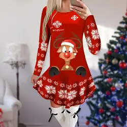 Christmas Vestidos Snowflake Elk Long Sleeve Vintage Party Dress Ruffles Elegant Casual Print Winter Dresses Women Sweater Robe